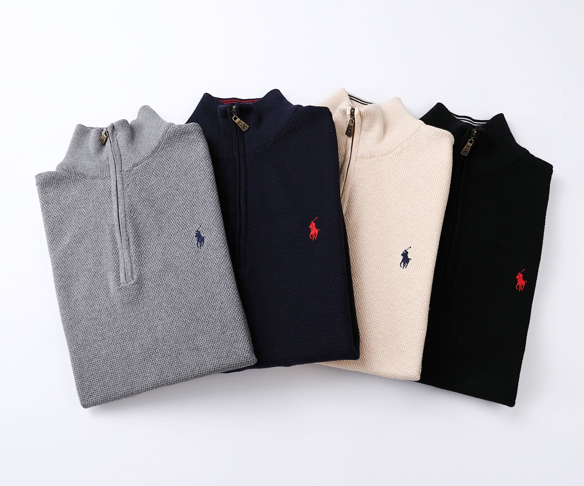 Stock of Zip cardigan with a black , Red logo on a white background