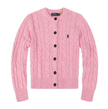 Pink cable knit cardigan with black buttons on a white background