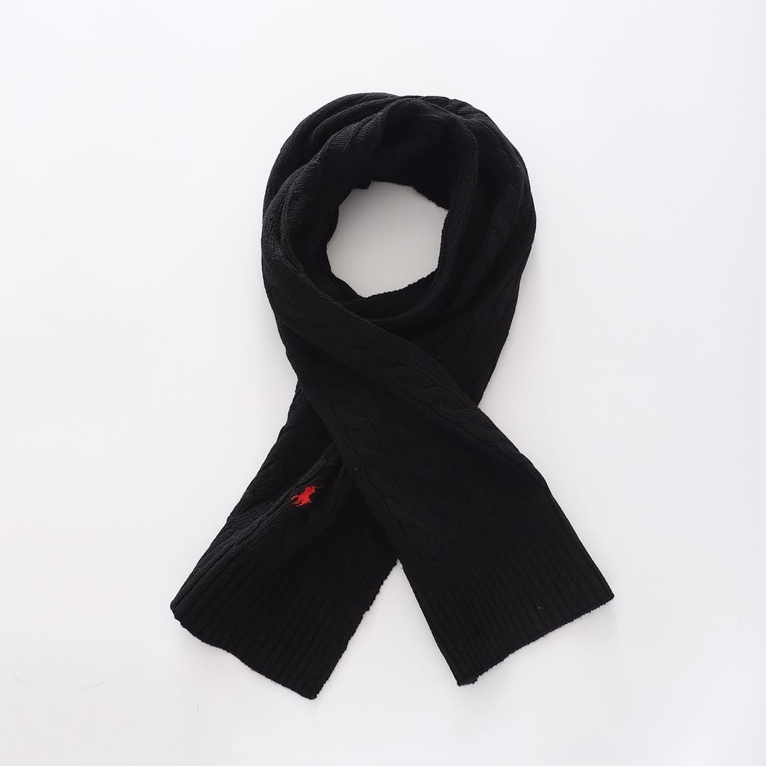 Black scarf with brand logo on white background