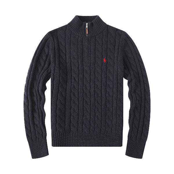 Navy cable knit sweater with a red logo on a white background
