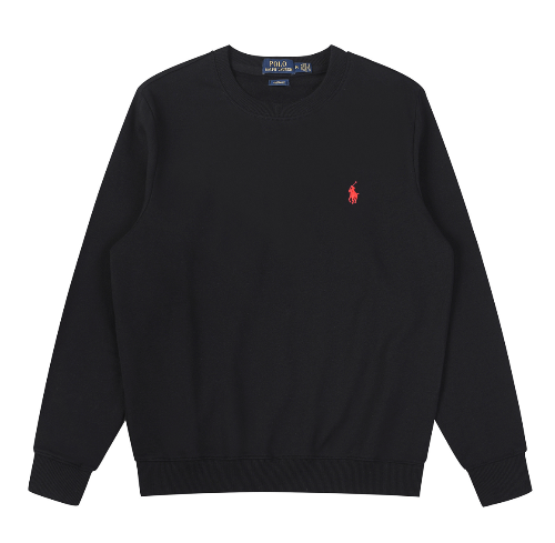 Black cardigan with a Red logo on a white background