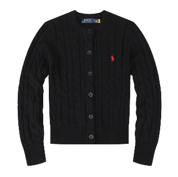 Black cardigan with a red logo on a white background