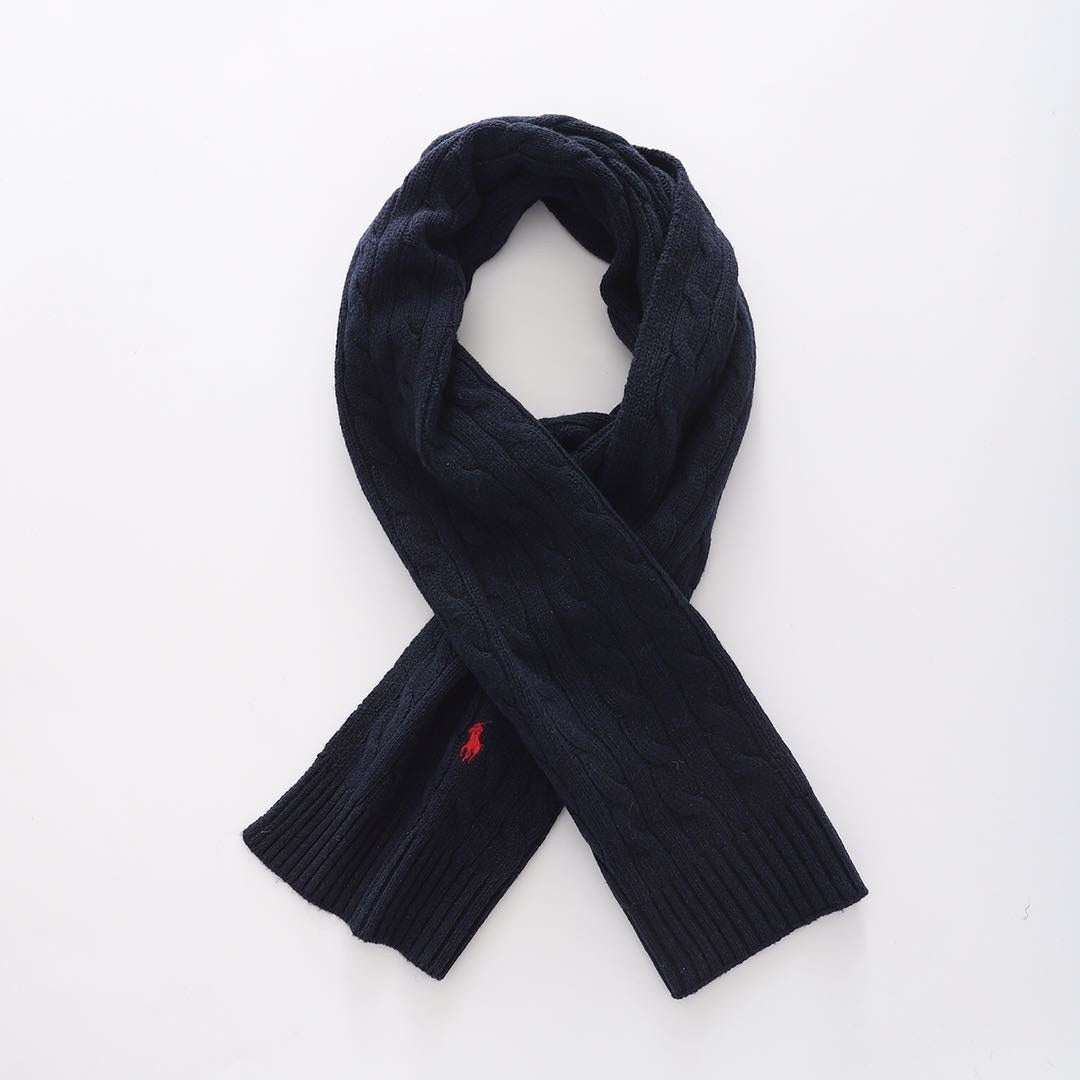 Blue scarf with brand logo on white background