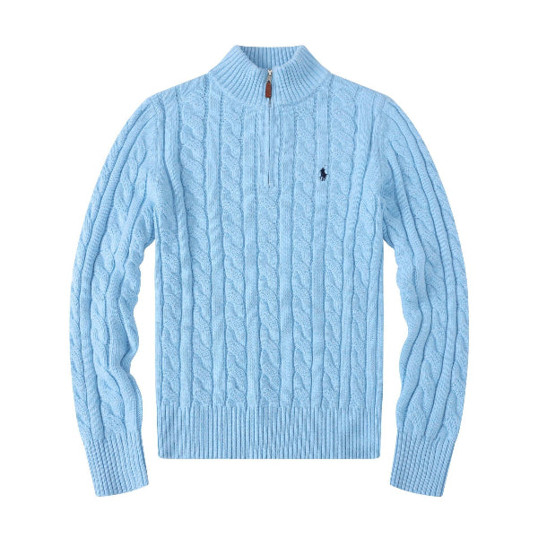 Light blue cable knit sweater with a quarter zip on a white background