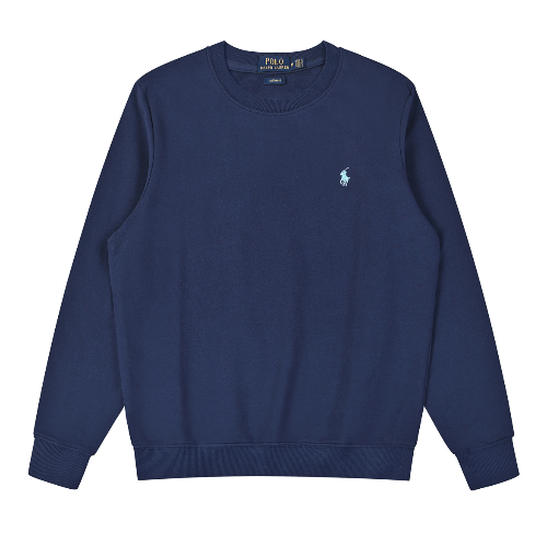 Blue cardigan with a light blue logo on a white background