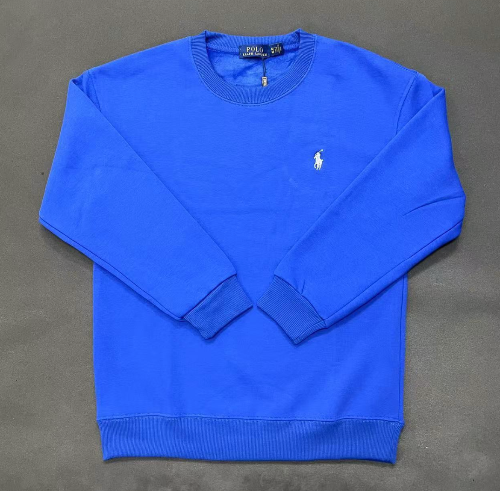 Blue sweatshirt with a brand logo on a gray background