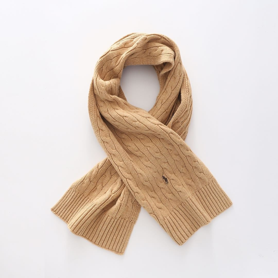 Brown scarf with brand logo on a white background
