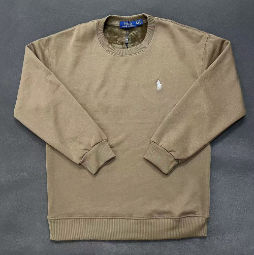 Beige sweatshirt with a logo on a gray background