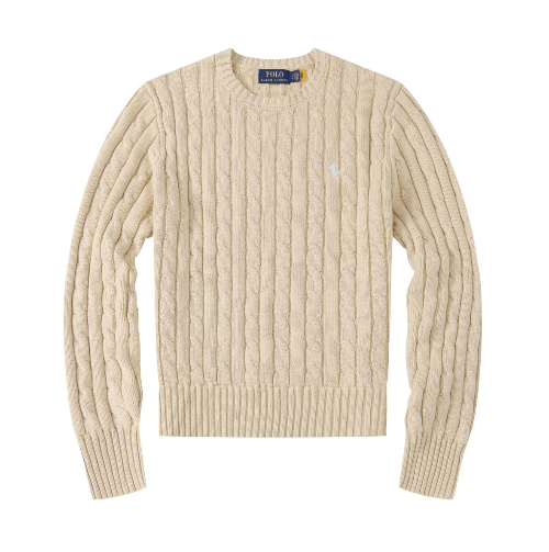 Cream sweatshirt with a brand logo on a White background