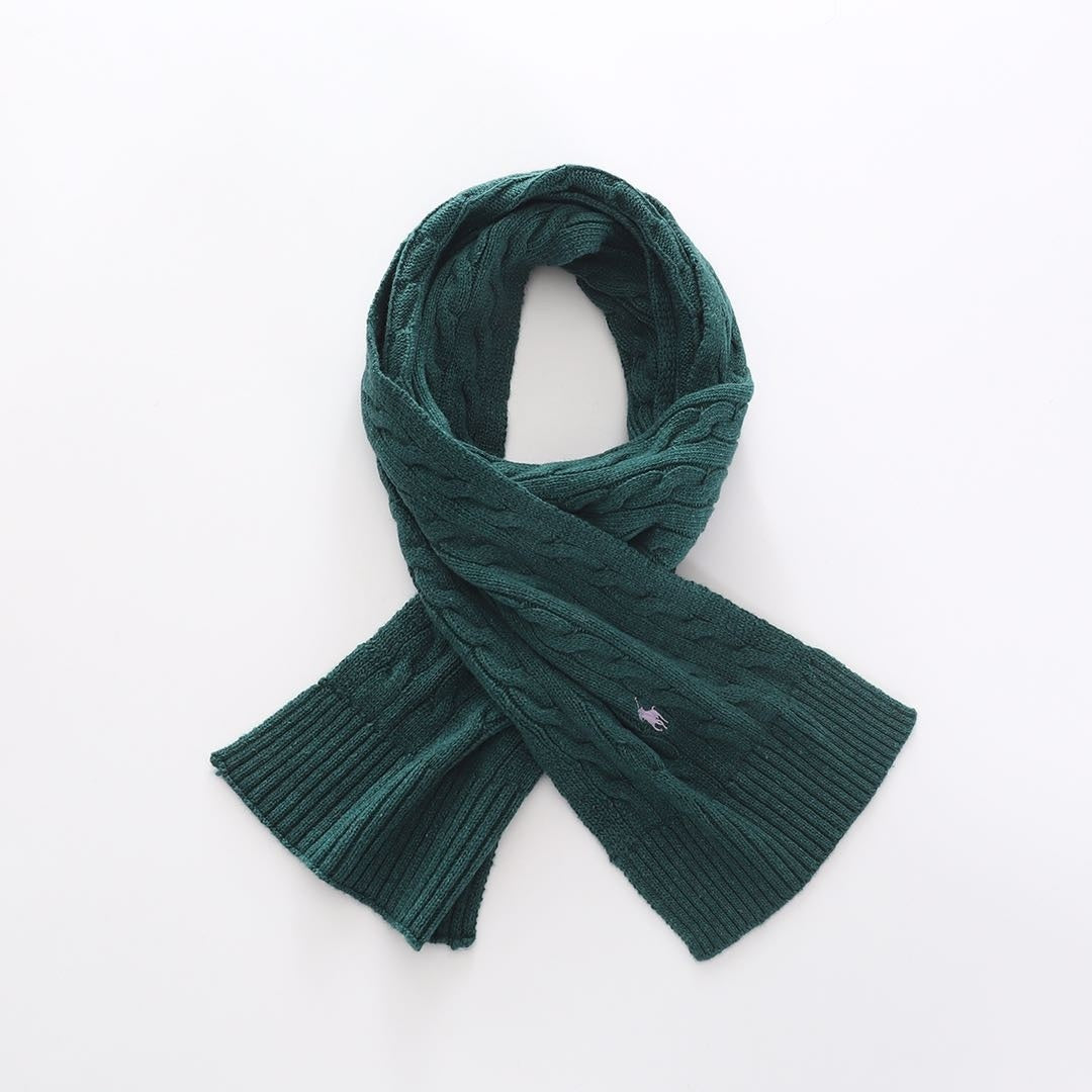 Green scarf with brand logo on white background