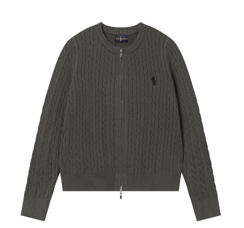 Grey Night zip cardigan with a black logo on a white background