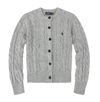 Light blue cable knit cardigan with black buttons on a white background
