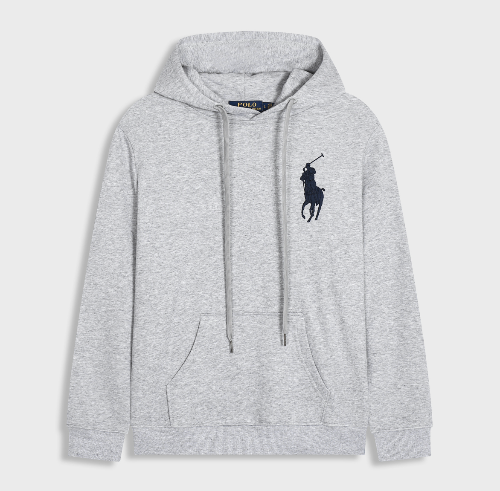 Gray hoodie with a logo on a light gray background