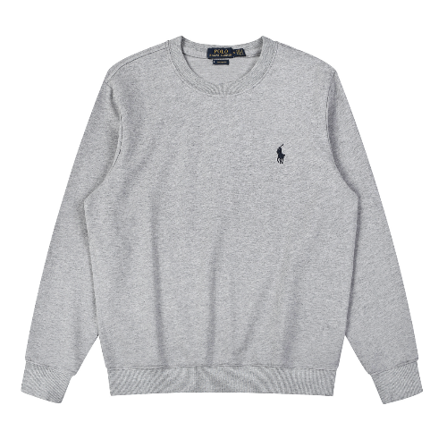 Grey cardigan with a Black logo on a white background