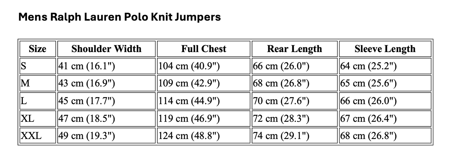 Mens Ralph Lauren Polo Knit Jumpers Sizes table