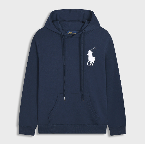 Navy blue hoodie with a white logo on a light gray background