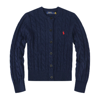 Black cable knit cardigan with black buttons on a white background