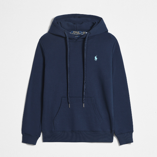 Navy blue hoodie with a small logo on a light gray background