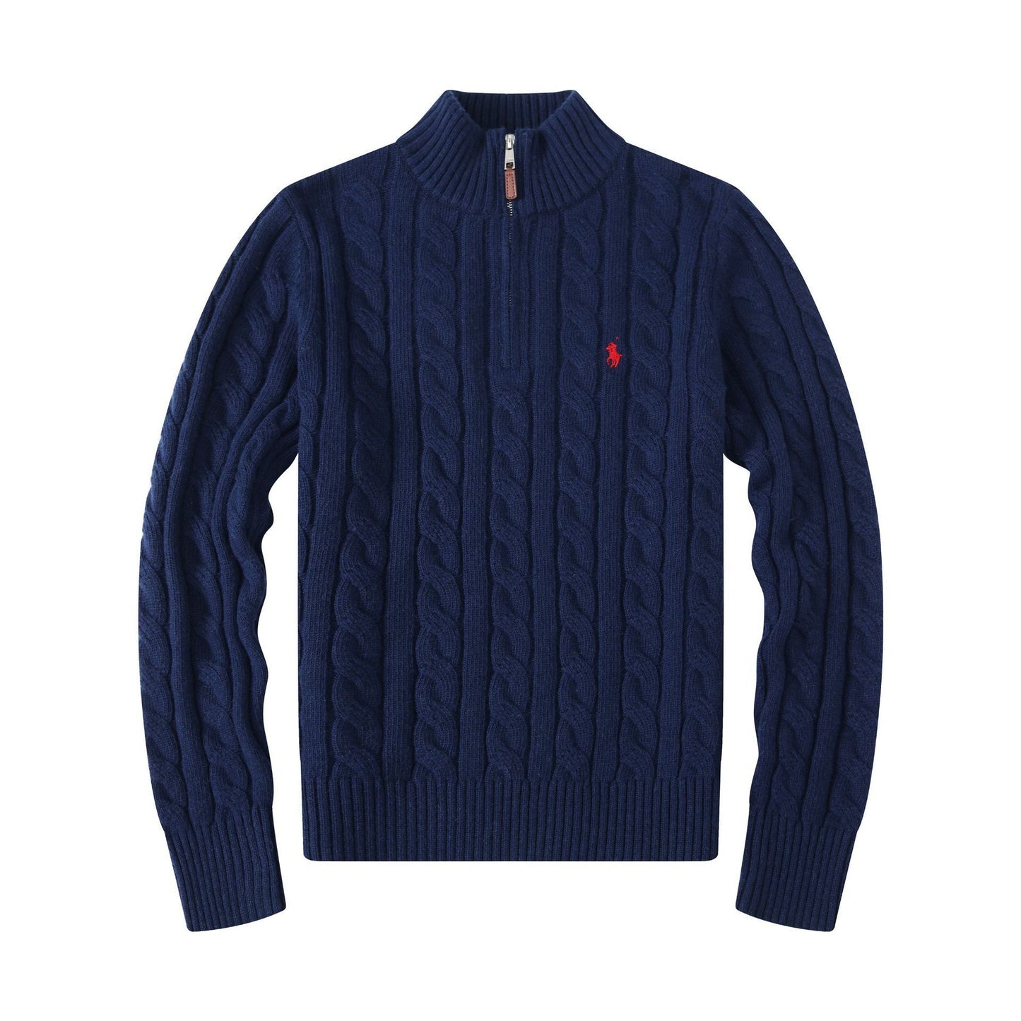 Navy blue cable knit sweater with a red logo on a white background