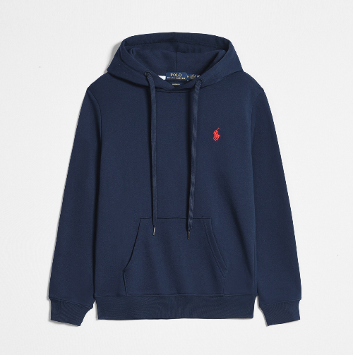 Navy sweatshirt with a brand logo on a white background