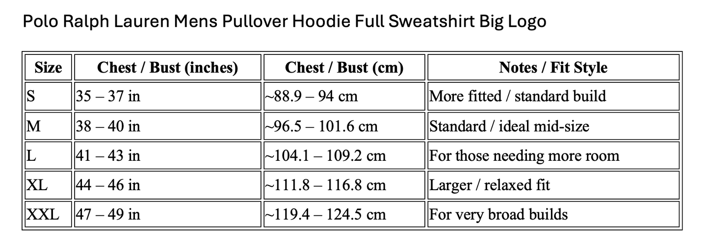 Polo Ralph Lauren Mens Pullover Hoodie size chart with chest/bust measurements.