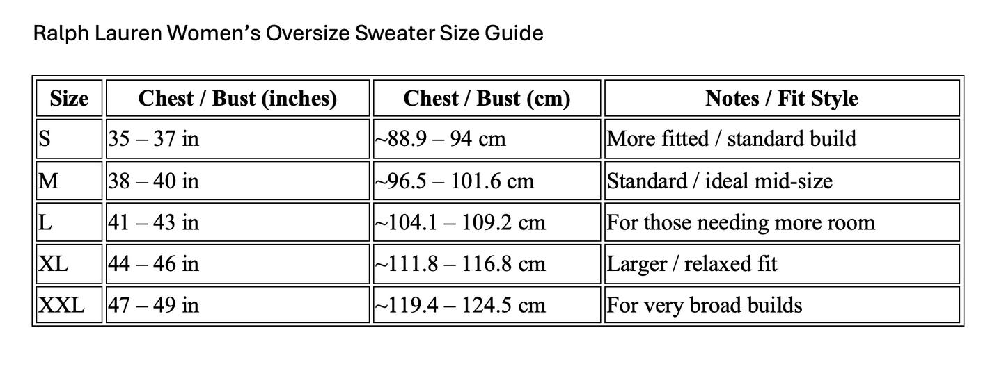 Ralph Lauren Womens Oversize Sweater Size Guide table
