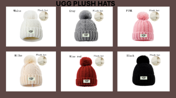 Collection of UGG plush hats in various colors on a white background