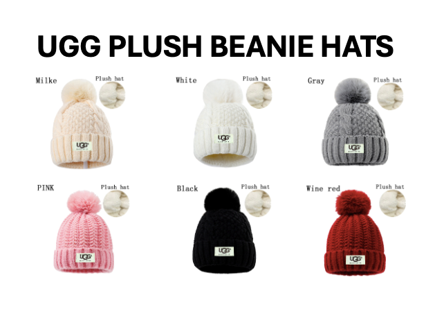 Collection of UGG plush beanie hats in various colors on a white background
