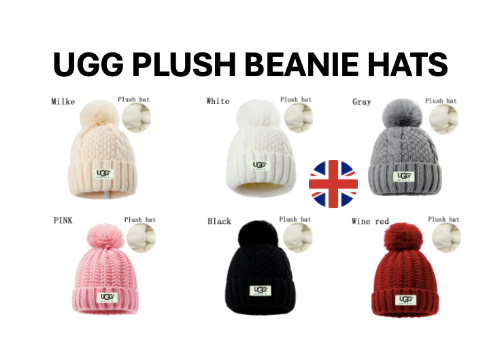 Collection of UGG plush beanie hats in various colors on a white background
