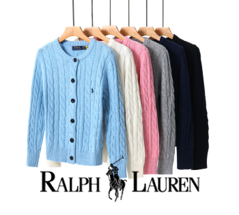 Ralph Lauren cardigans in various colors on hangers with brand logo.