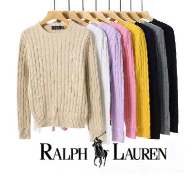 Ralph Lauren sweaters in various colors on hangers with the brand logo.