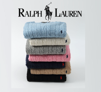 Stack of Ralph Lauren sweaters on a white background with brand logo.