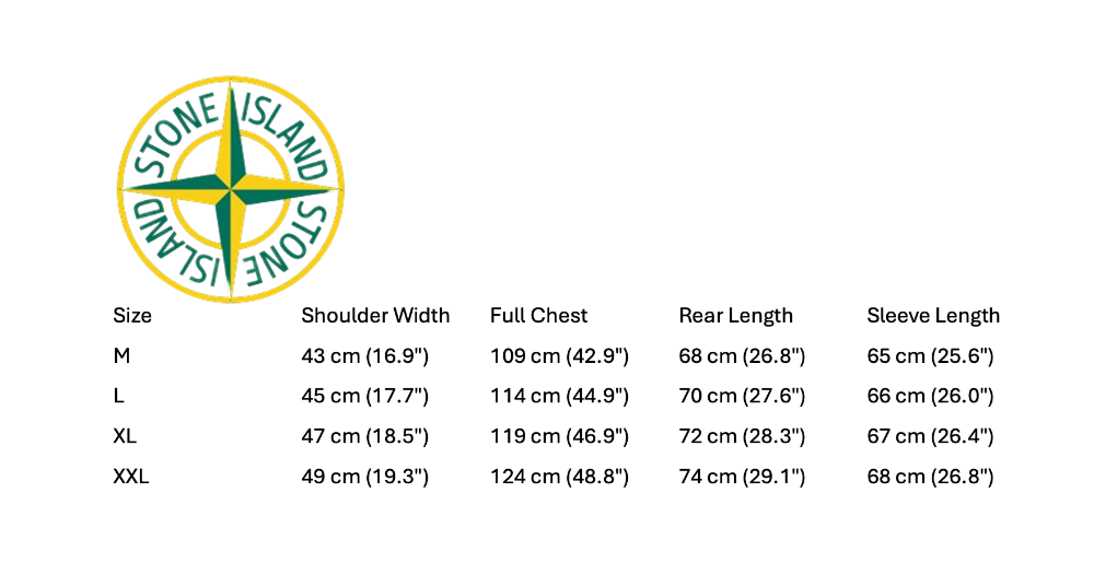 Stone Island size chart with measurements on a white background