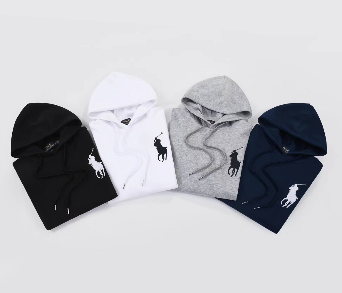 Four hoodies in black, white, gray, and navy with a brand logo on a light gray background