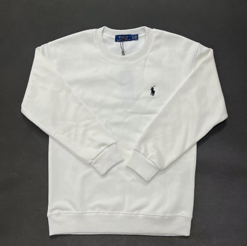 White sweatshirt with a small logo on a dark gray background