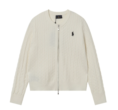 White zip cardigan with a black logo on a white background