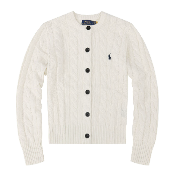 White ribbed knit cardigan with black buttons on a white background