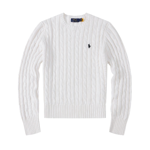 White sweatshirt with a black brand logo on a white background