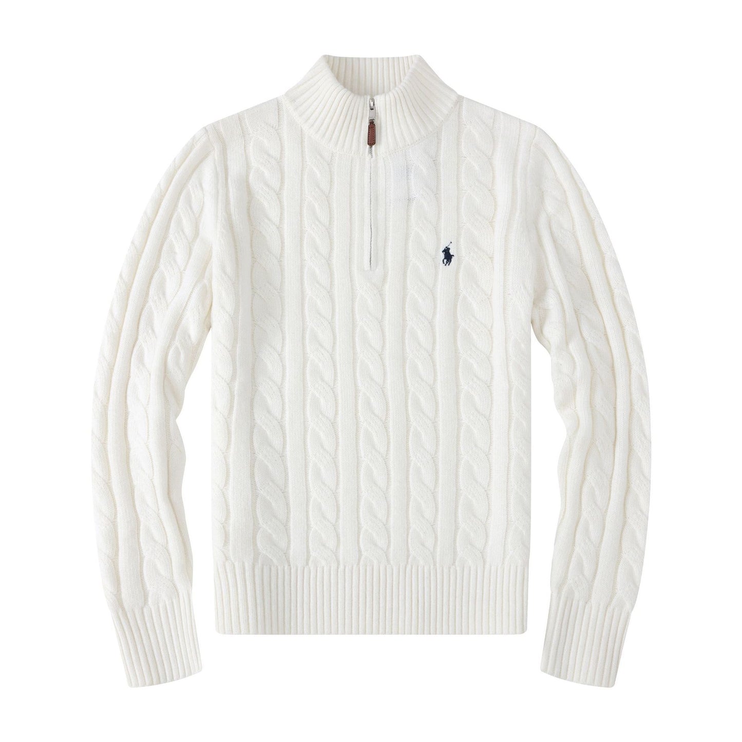 White cable knit sweater with a small logo on a white background