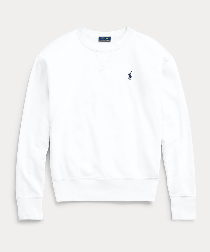 Whiet cardigan with a black logo on a white background