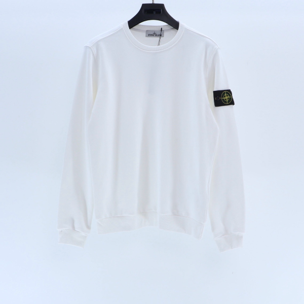 White sweatshirt with a brand logo on a white background