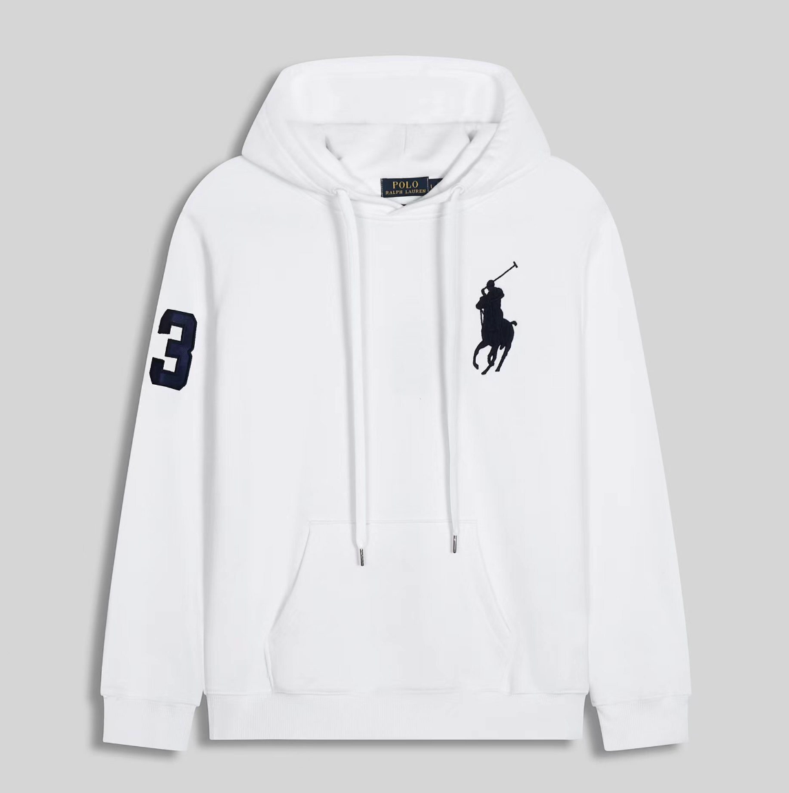White hoodie with a logo and number on a gray background