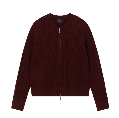 Red Zip cardigan with a black logo on a white background -