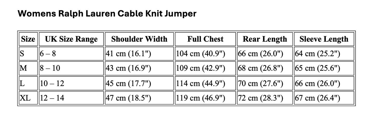 Womens Ralph Lauren Cable Knit Jumper size chart with measurements.