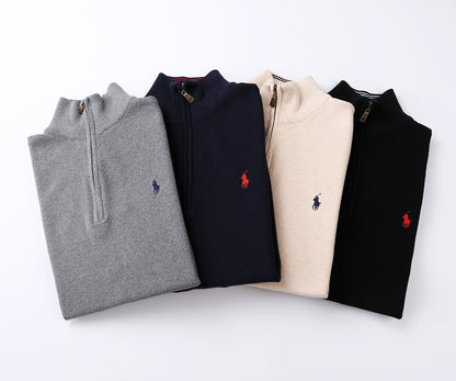 Stock of Zip cardigan with a black , Red logo on a white background