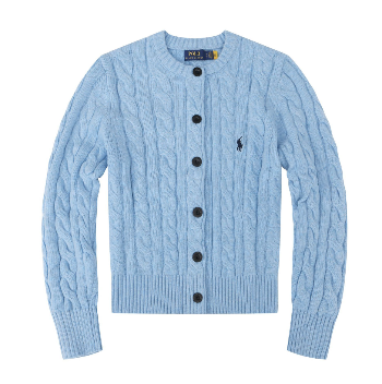 Light blue cable knit cardigan with black buttons on a white background