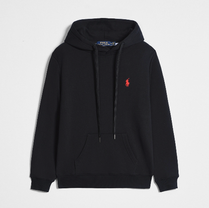 Black hoodie with a red logo on a light gray background