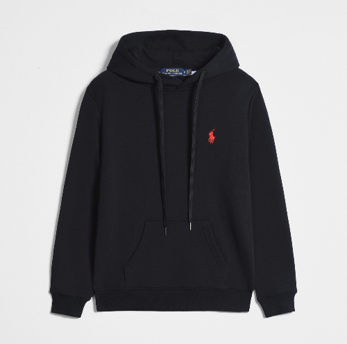 Black hoodie with a red logo on a light gray background