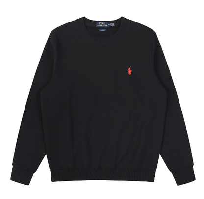 Black cardigan with a Red logo on a white background