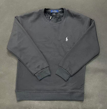 Gray sweatshirt with a brand logo on a gray background